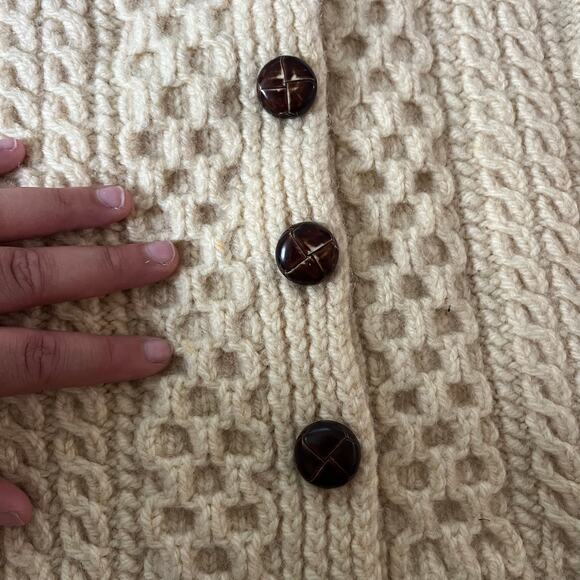 Cream 100% Wool Handknit Irish Fisherman Cardigan Sweater Wmns OS - Picture 2 of 10